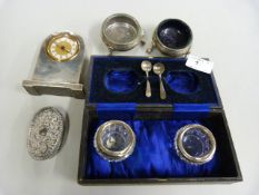 Silver hallmarked items to include salts, pill box and a silver cased clock (A/F)