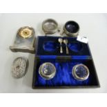 Silver hallmarked items to include salts, pill box and a silver cased clock (A/F)