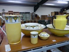 Art Deco yellow and black wash bowl and jug marked Cauldron along with another similar 5 piece