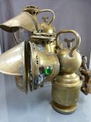 Haeckel - A pair of vintage brass lamps with green and red side glazed panels. Additional hood has