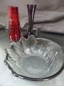 Whitefriars ruby encased in clear glass bud vase with clear bubbles throughout along with a grey