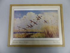 Coloured Print by Peter Scott 'Shovellers taking to the Wing'. Titled and Signed by the Artist