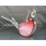 A Pink and Clear glass seated dove, marked to side of base but indistinct (possibly murano).