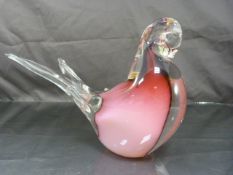 A Pink and Clear glass seated dove, marked to side of base but indistinct (possibly murano).