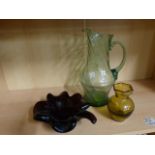 Uranium green glass jug, amber coloured vase and a heavy purple glass clover tray