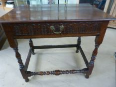 Victorian 'Gothic' style tea table with carved frieze panel to single drawer and swan neck brass