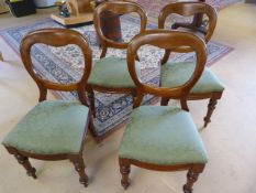 Set of four good mahogany balloon back chairs with green upholstery