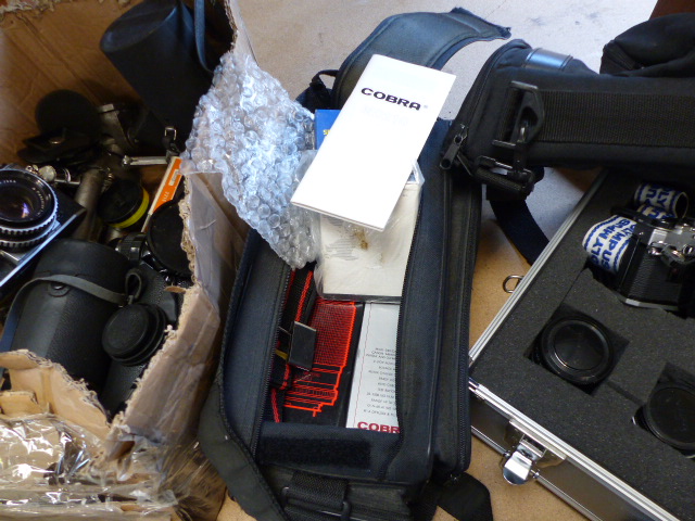 Olympus OM10 SLR camera in aluminium case with various lenses and tripod, camera cases and - Image 4 of 4