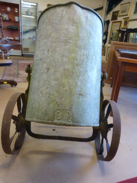 Large oval shaped galvanised water tank on antique cast iron frame with wheels - Image 7 of 7