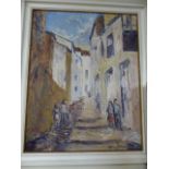 Late 20th Century Abstract oil on board of a street scene - Signed lower right poss by Philip J