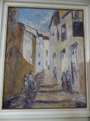 Late 20th Century Abstract oil on board of a street scene - Signed lower right poss by Philip J