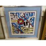 Brightly coloured Abstract lino print by Od Rawlings ' Barbican' no. 1/7