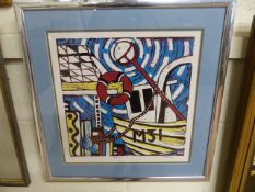 Brightly coloured Abstract lino print by Od Rawlings ' Barbican' no. 1/7