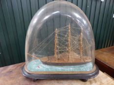 19th Century model of a Jersey cargo clipper sailing ship. The approx 30cm hull is 'floating' on