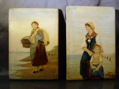 After Eugenie Salanson - Pair of miniature oils on boards - Fishing scenes of ladies collecting