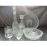 Unsual Glass bowl in the form of a scallop shell, large cut glass decanter and a cut glass platter
