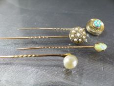 Collectors Lot of 4 Gem Set stick pins. (1) 12mm Diameter top set with a Central old mine cut