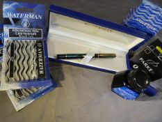 Waterman Roller ball pen and various ink cartridges and Quink refills