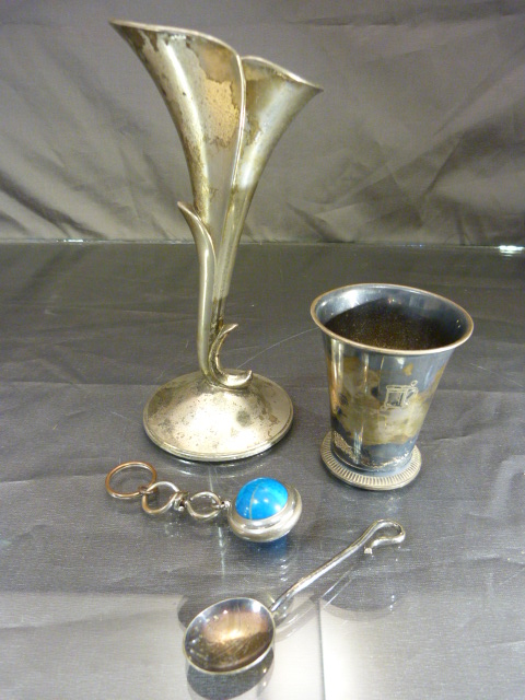 Swedish silver beaker marked with 'Three Crowns', An Art nouveau bud vase, Mustard spoon and a Worry