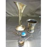 Swedish silver beaker marked with 'Three Crowns', An Art nouveau bud vase, Mustard spoon and a Worry