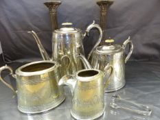 Good Quality silverplate tea and coffee service along with a pair of Corinthian column candle