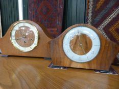 Two similar wooden mantle clocks in the Art Deco Style - 1 by smiths, and the other from Western