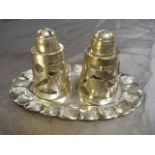 Mexican Silver Overlay pepper and salt shakers with matching tray