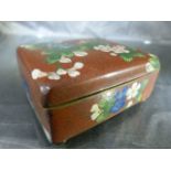 Antique cloisonne box on Red Ground decorated with pink scroll flowers. Turquoise ground inside on