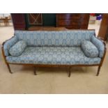 Queen Anne Mahogany three seater sofa with blue upholstered fabrics. Seat and back has lattice