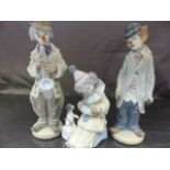 Collection of three Lladro clowns, one playing the saxophone, One holding a violin and another