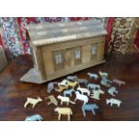 Early naive Victorian/Edwardian Ark - unpainted along with a selection of wooden animals (Some A/F)