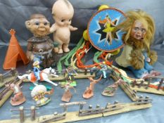 Collection of Vintage toys to include a Chad Valley Tambourine, Wild West early plastic figures,