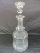 Heptagonal shaped heavy cut glass decanter with large floral style stopper, has some damage, no
