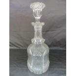 Heptagonal shaped heavy cut glass decanter with large floral style stopper, has some damage, no