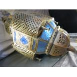 Arabic style hanging light with blue cut glass panels and a drop finial to the bottom