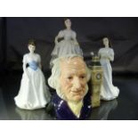 Five boxed Royal Doulton figures and a Royal Doulton Character Jug