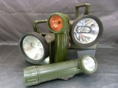 Two Military Bardic railway lamps and a pair of TMJ military battery hand held torches