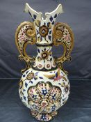 Antique Zsolnay openwork Twin-Handled Amphora type vase in natural colours with bird decor and