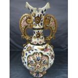 Antique Zsolnay openwork Twin-Handled Amphora type vase in natural colours with bird decor and