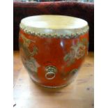 Modern handpainted double sided drum with ring handles to hang