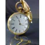 18ct Gold Hallmarked pocket watch with brooch clip and safety chain. Case engraved all over with