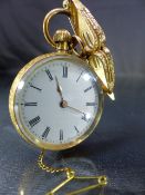 18ct Gold Hallmarked pocket watch with brooch clip and safety chain. Case engraved all over with