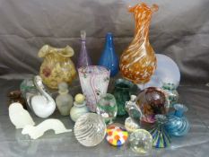 An iridescent poss Loetz glass vase with pinched tri-form rim, Three pieces of portmeirion glass,