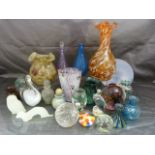 An iridescent poss Loetz glass vase with pinched tri-form rim, Three pieces of portmeirion glass,