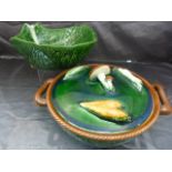 Belgium Tellerite Majolica Dish and Cover. The Handle in the form of a mushroom, along with carrots,