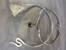 Modernist Neck Ring by unknown designer, made from 3mm wide Silver? Bar, one end flattened with a