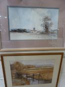 Watercolour of Village Scene by Daniel Oliver, another of a meadow scene - unsigned.