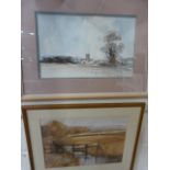 Watercolour of Village Scene by Daniel Oliver, another of a meadow scene - unsigned.