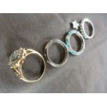 Mixed lot of four rings - 9ct CZ ring, Oval aquamarine type stone with 8 CZ stones around it. Size