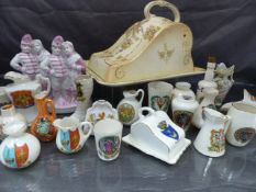 Nice collection of crested ware of unusual form, to include a boot, cheese dish and corked bottle